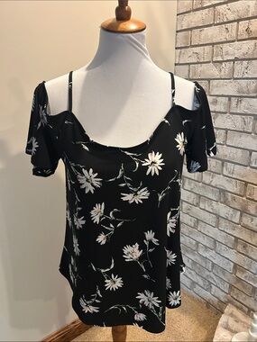 Kaileigh Black Floral Cold-Shoulder Top